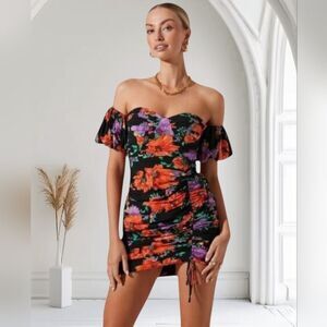 ASTR THE LABEL Black Floral Ruched Off The Shoulder Puff Sleeve Dress Medium NWT